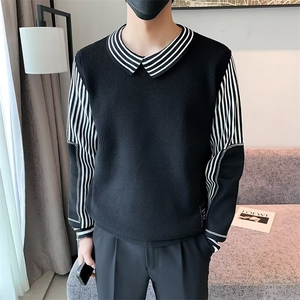 假两件毛衣男士内搭针织衫秋冬季拼接男装撞色翻领线衣上衣 M847图片
