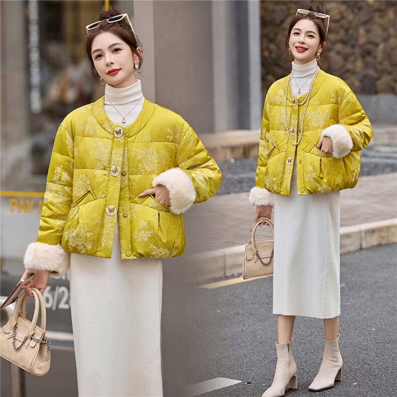 新中式90提花羽绒服2025年冬季新款高级感优雅气质白鸭外套,女装羽绒服,玖莱伊