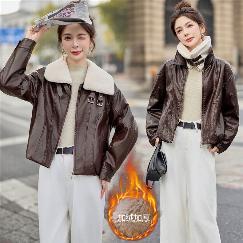 2025年冬装新款时尚加绒皮衣，女装棉衣/棉服，红依佳