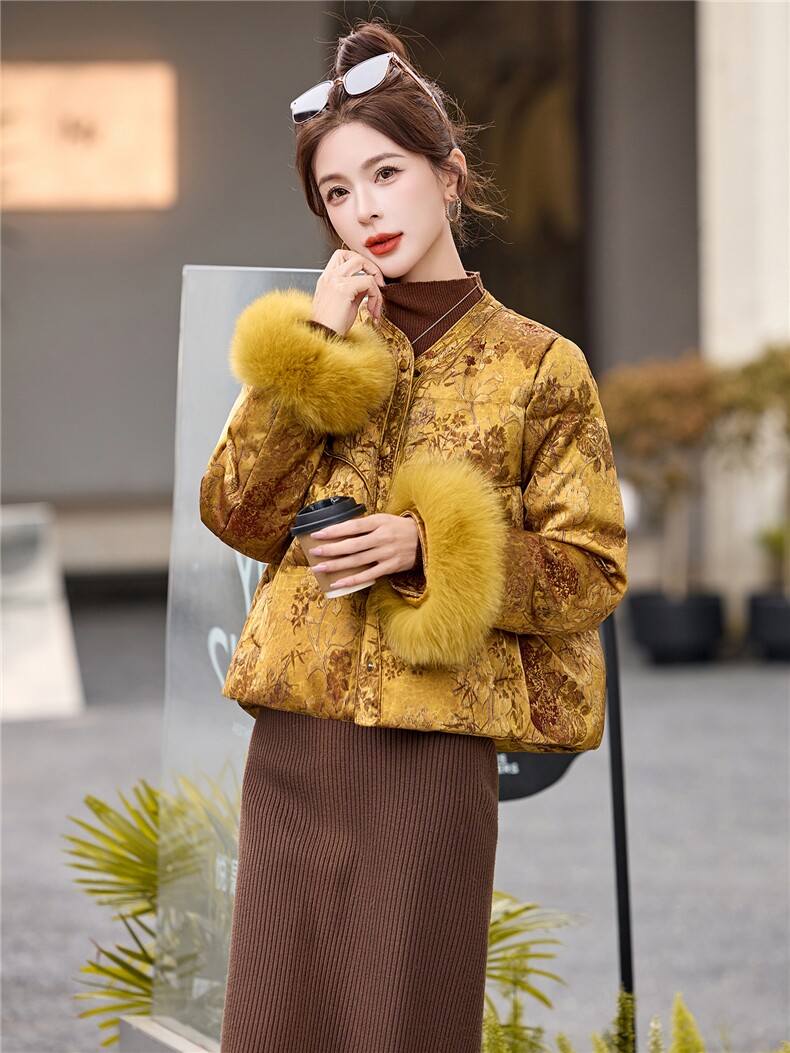 新中式90提花羽绒服2025年冬季新款高级感优雅气质白鸭外套,女装羽绒服,玖莱伊