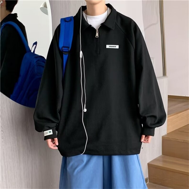 情侣华夫格POLO衫外套春秋半拉链插肩袖卫衣男克莱因蓝W3571-P36,男装卫衣,星座512-2