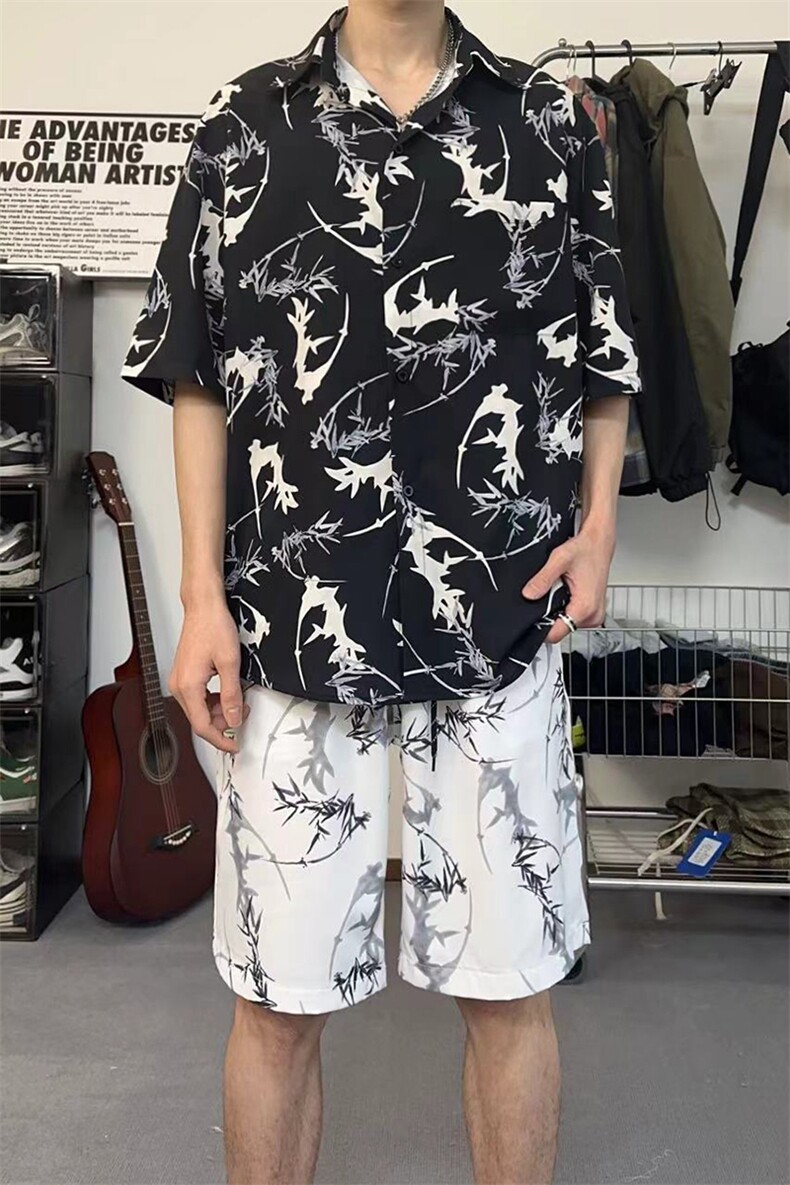 衬衫套装男夏季休闲印花泼墨撞色翻领短袖短裤两件套TZ103-P43,男装衬衫,电商A178