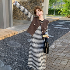 韩系松弛感穿搭针织条纹连衣裙套装女春季新款工装马甲长裙两件套，女装套装/套裙，千千佰惠