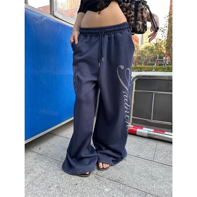 1506/GC200/P65美式设计感烫钻抽绳宽松百搭休闲直筒拖地长裤,男装休闲裤,星座1506A