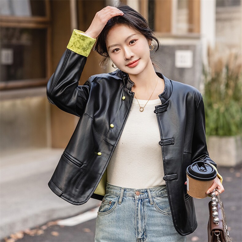 新中式国风盘扣皮衣外套女2025春秋季新款高级感独特超好看皮夹克,女装短外套,美静678