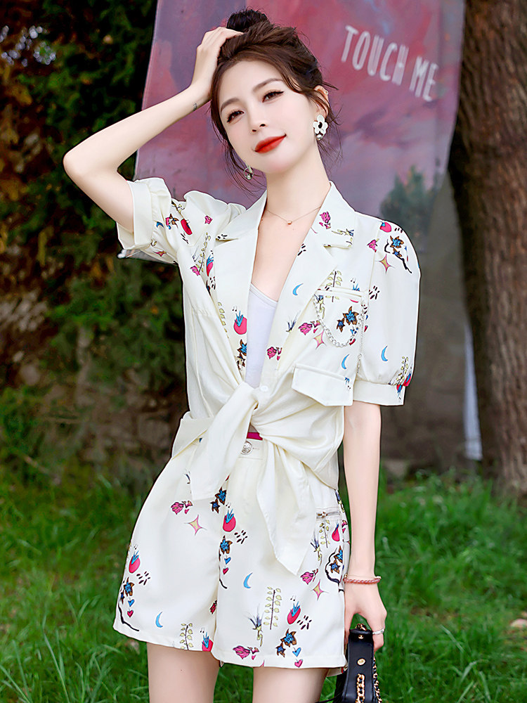 主推现货新中式拼接短裤套装女夏季时尚洋气休闲新款小个子两件套,女装套装/套裙,美静678