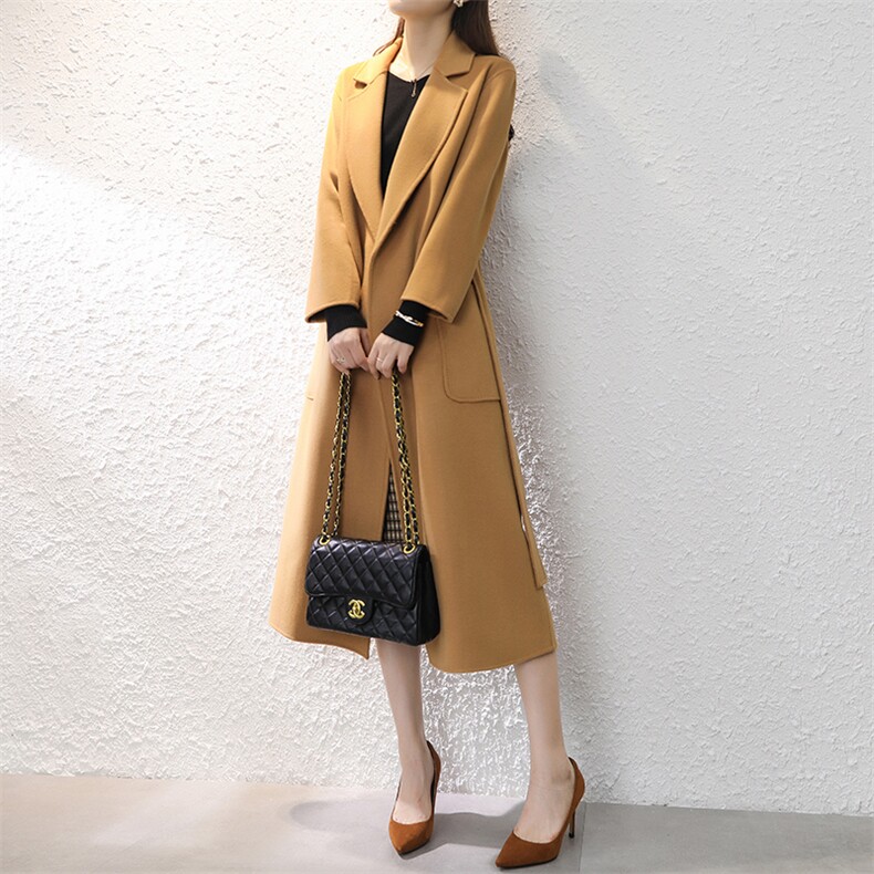 双面羊毛大衣女长款秋冬新款系带翻领羊毛呢大衣外套，女装双面呢大衣，佳恩服饰