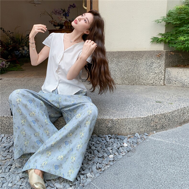 法式设计感上衣阔腿裤套装女2025年夏季新款显瘦度假风甜美两件套,女装套装/套裙,2C129