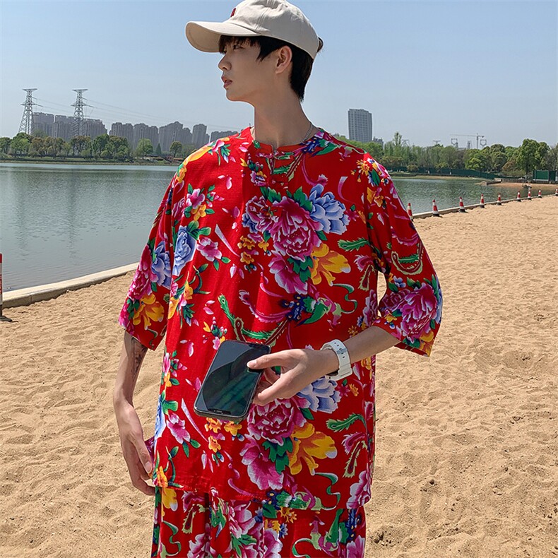 A340男士休闲大花透气凉爽风T恤七分袖春夏新大妈套头衫团队,男装T恤,星座115A(原星座507）