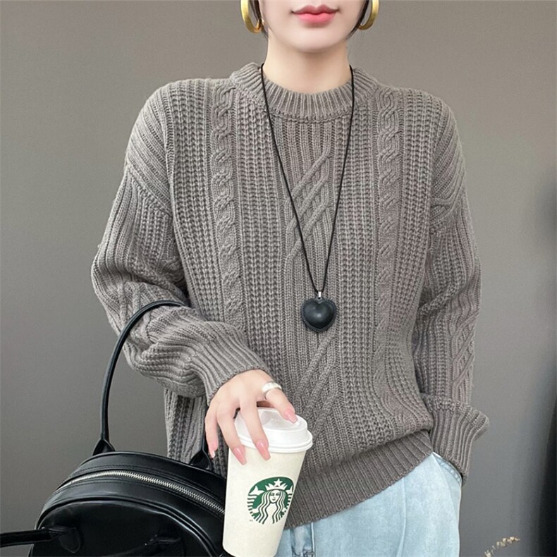 时尚百搭女士圆领扭花毛衣羊毛秋冬保暖显瘦针织衫,女装羊毛衫,秋虹羊绒