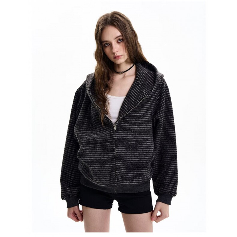 XZ221-5/WY210/P76网图美式复古条纹拉链开衫连帽卫衣情侣外套,女装短外套,星座221-5