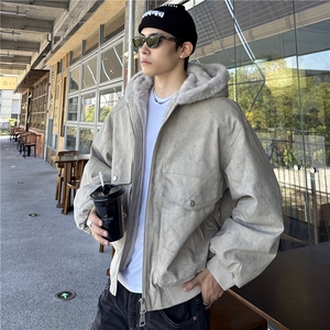 图美式复古连帽加绒短款加厚座山雕外套男冬季大口袋夹克图片