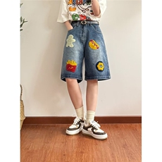 美式街头做旧创意毛巾绣牛仔短裤男潮牌高街直筒五分裤网络图，男装牛仔裤，星座410-7