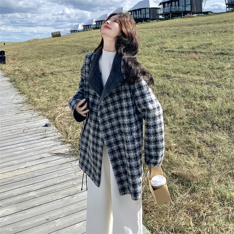 复古千鸟格双面呢大衣女2025年冬季新款韩系超好看气质羊毛呢外套,女装羊绒大衣,2C056