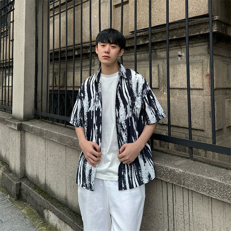 CS506～批35控49有货（自家图）黑白水墨花痞帅衬衫男生短袖夏季,男装衬衫,星座218-5