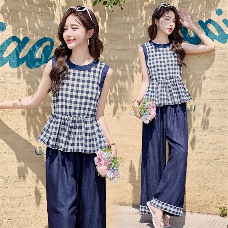 韩系减龄松弛感套装女2025夏季新款格纹无袖背心上衣阔腿裤两件套，女装套装/套裙，水衣源