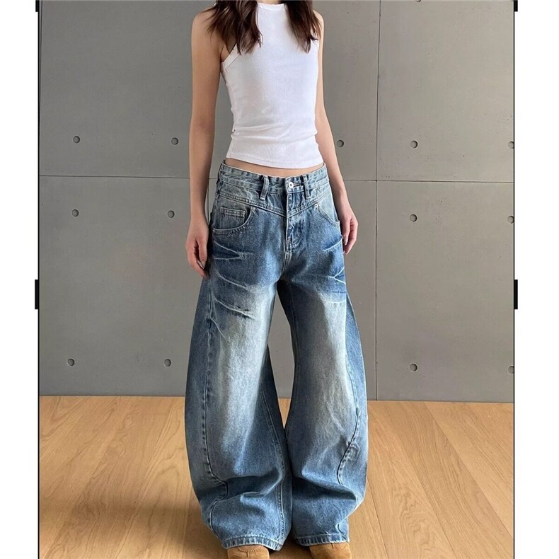 网图美式复古水洗做旧廓形弯刀牛仔裤男宽松阔腿慵懒拖地裤子,男装牛仔裤,星座410-7
