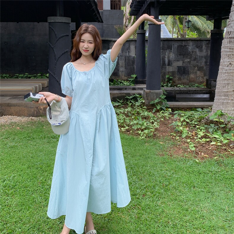 法式减龄蓝色泡泡袖连衣裙女夏2025新款独特超好看清纯系气质长裙,女装连衣裙,2D076