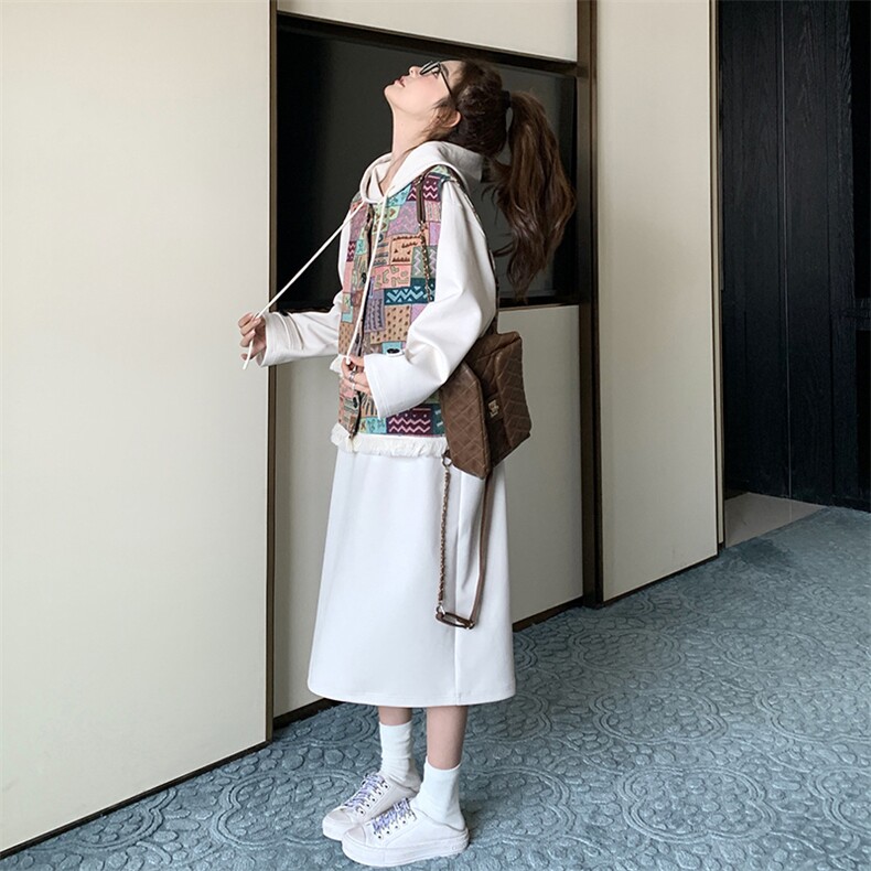 印花马甲宽松连帽卫衣裙女2025春秋季新款慵懒风休闲连衣裙两件套,女装卫衣/绒衫,2C305