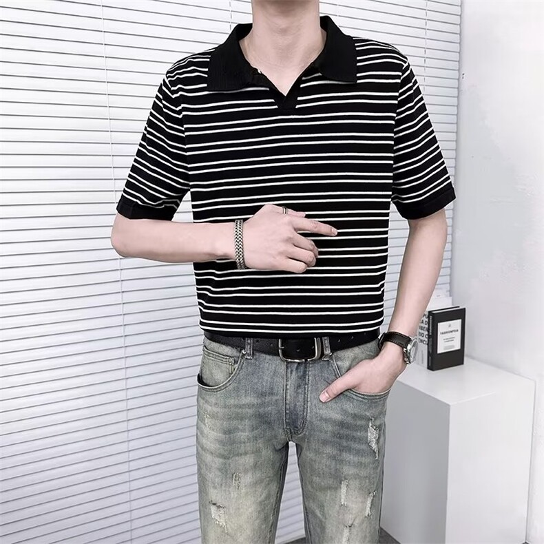 条纹标准2024夏季原宿气质新款短袖青春流行潮流男POLO衫TM24,男装T恤,星座1116A-2（原606A-1）