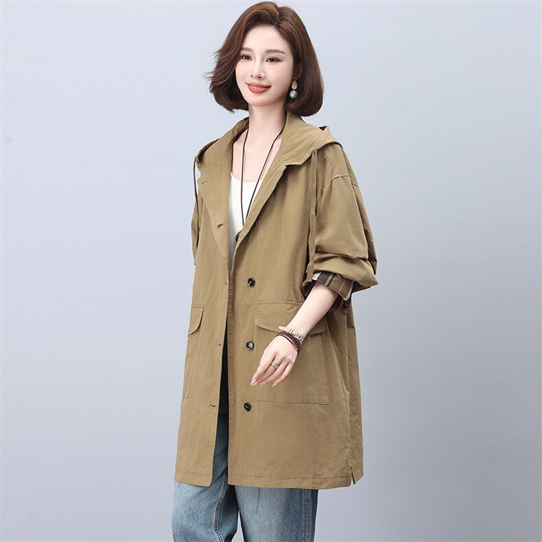 风衣女款2025新款春秋中长款大码宽松连帽时尚休闲外套,女装风衣,忆绮罗