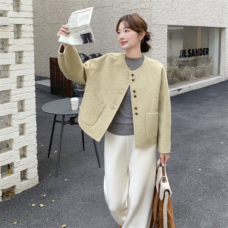 卡其色双面羊绒大衣女短款2025新款韩版时尚单排扣宽松毛呢外套，女装羊绒大衣，2C316