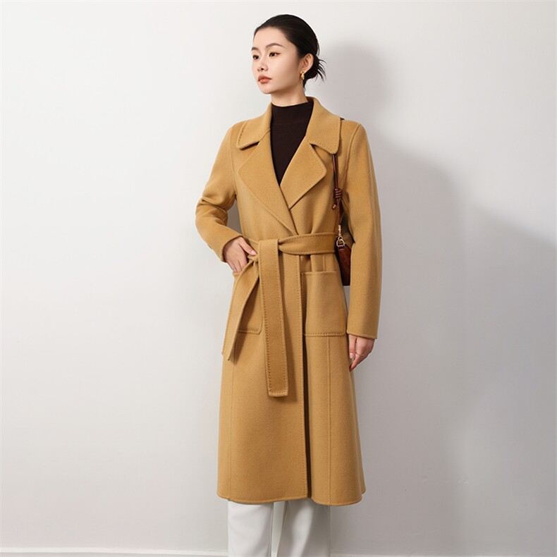 时尚百搭羊毛女士双面呢大衣优雅显瘦长款外套单品,女装双面呢大衣,岳达羊绒