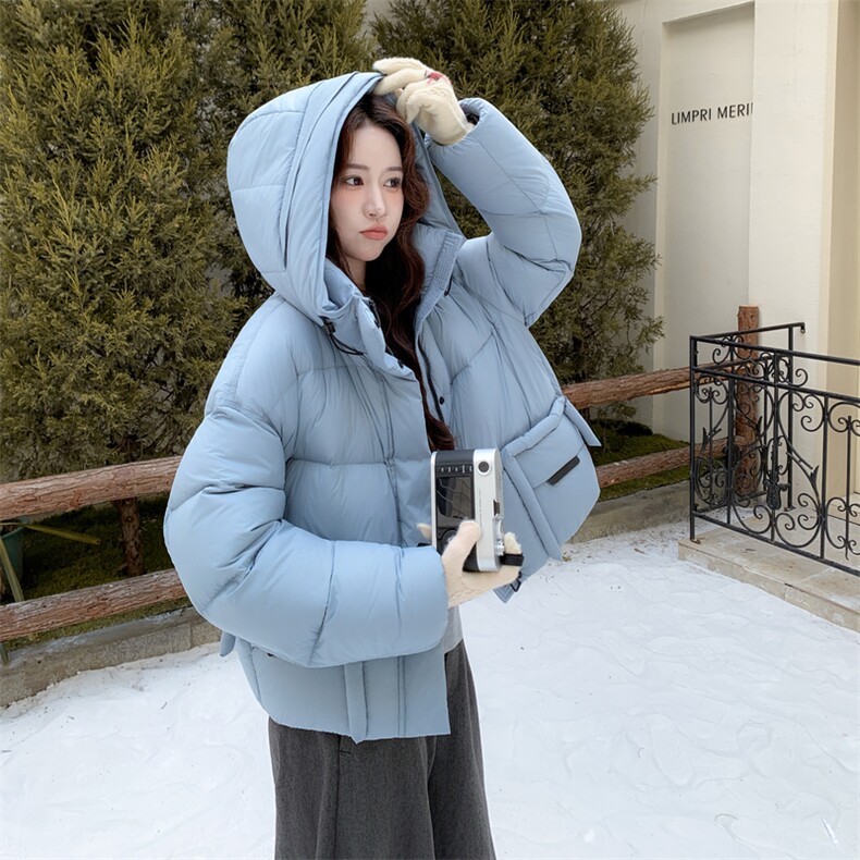 韩系蓝色连帽羽绒服女冬2025新款超火好看高级小众保暖加厚短外套,女装羽绒服,2B076