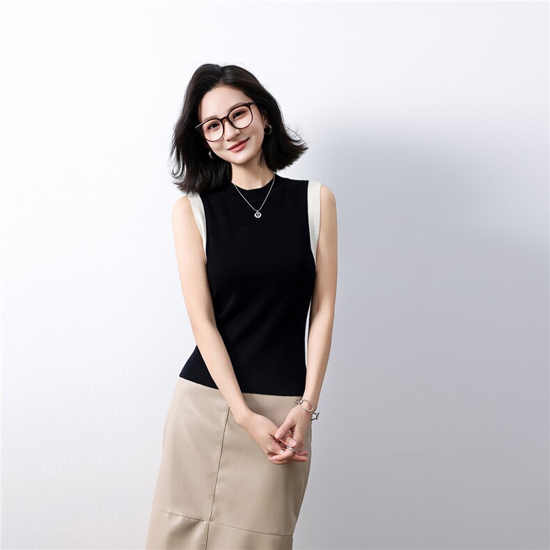 秋季新款纯色针织圆领无袖背心时尚百搭,女装羊毛衫,庆大羊绒