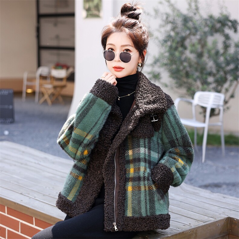 羊羔绒皮毛一体外套女冬2025新款百搭格子加厚今年流行棉衣女大衣,女装棉衣/棉服,意芙