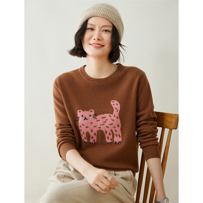 时尚可爱猫咪图案女士羊绒衫舒适保暖圆领设计,女装羊绒衫,迎冬羊绒