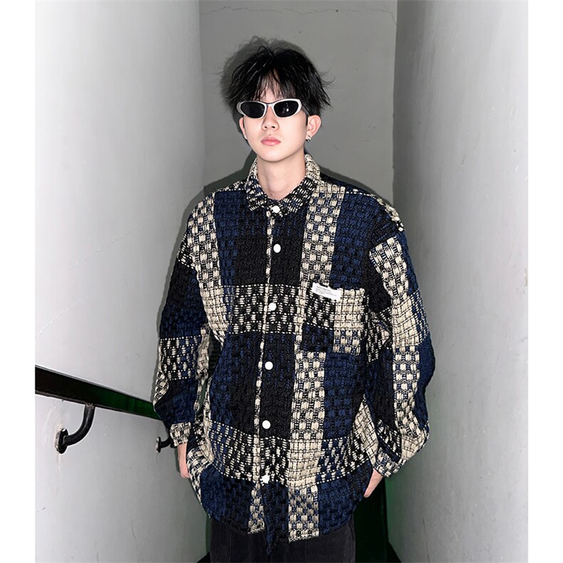 视频图-小香风外套男时尚潮流拼色编织格子上衣 8893-P70图片