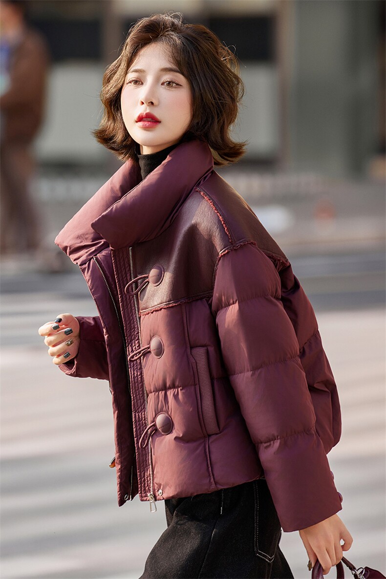 小个子羽绒服女2024冬季新款独特超好看设计感短款红色拼皮厚外套,女装羽绒服,靓衣阁
