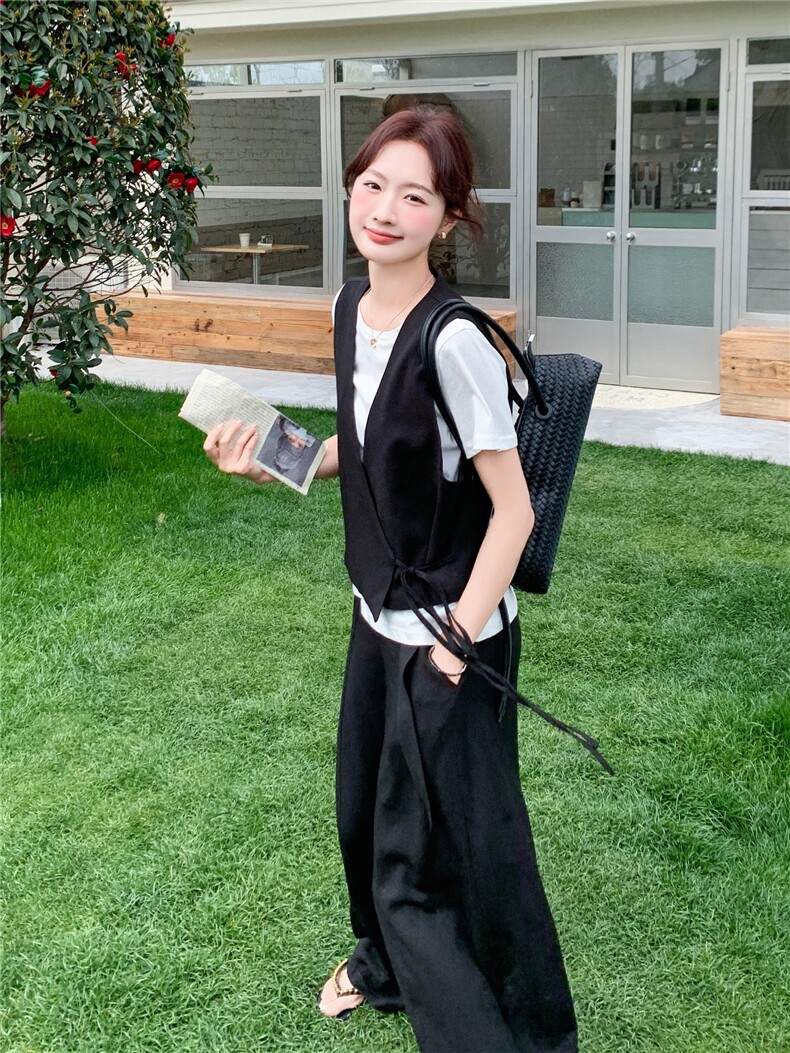 气质轻熟马甲白色T裤子三件套,女装套装/套裙,诺蝶