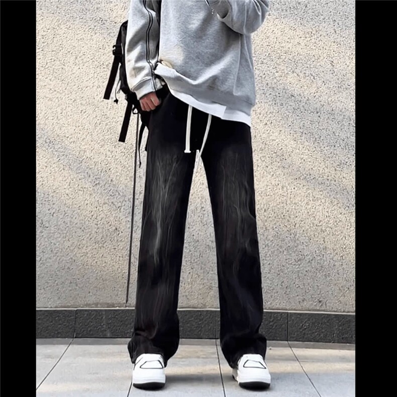 松紧腰美式扎花闪电纹显瘦休闲裤牛仔裤男百搭高街设计感长裤子潮,男装休闲裤,星座218-1（原230）