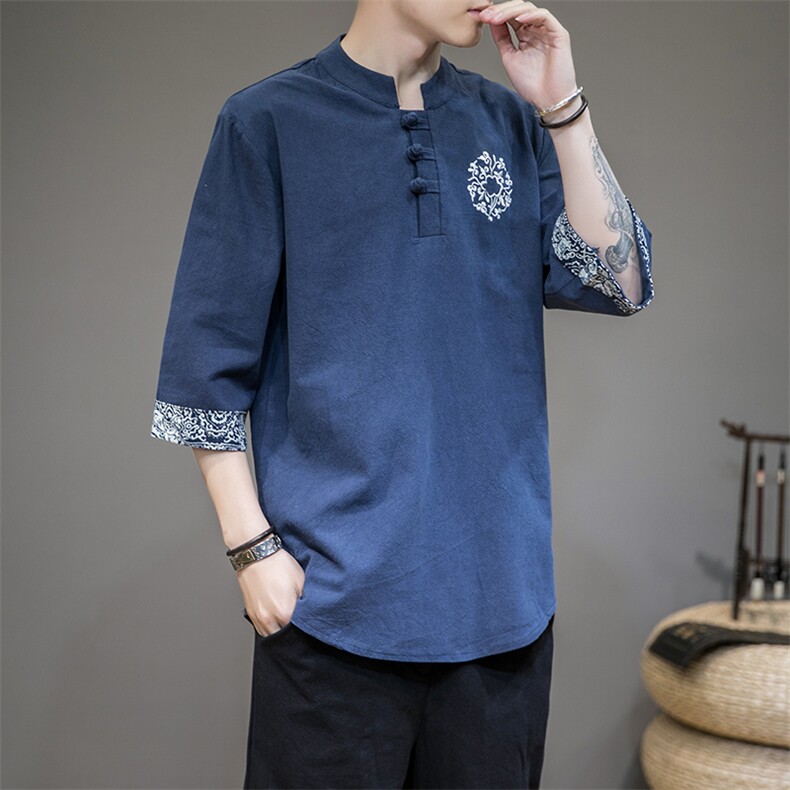 风夏季短袖t恤男复古印花汉服大码宽松半袖上衣薄款打底衫,男装T恤,电商A011（原4039）
