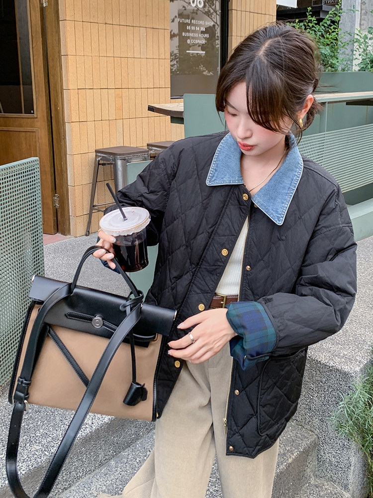黑色菱格羽绒棉服女2024冬宽松韩版洋气超好看拼接翻领牛仔小棉袄,女装棉衣/棉服,C位