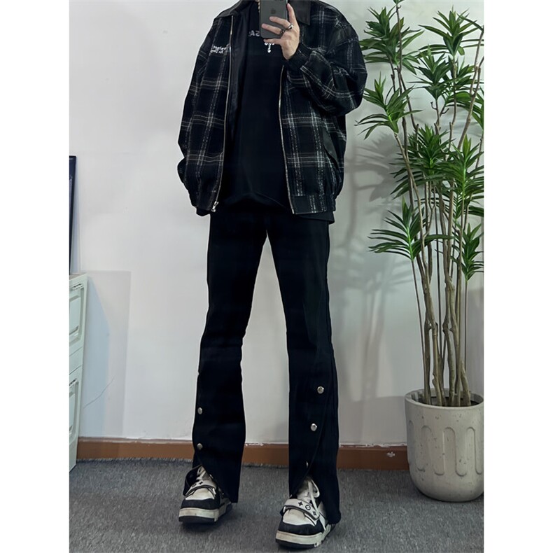 高街美式排扣牛仔裤拉链设计感直筒牛仔裤图片