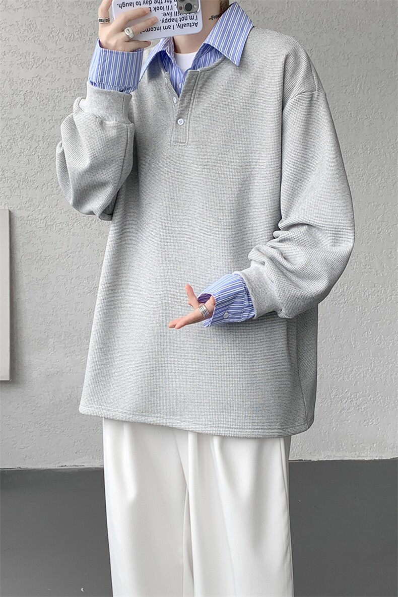 M-8XL假两件撞色polo衬衫翻领卫衣亨利领大码长袖上衣WY5117特P45,男装衬衫,电商B238