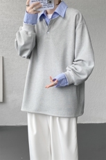 M-8XL假两件撞色polo衬衫翻领卫衣亨利领大码长袖上衣WY5117特P45，男装衬衫，电商B238