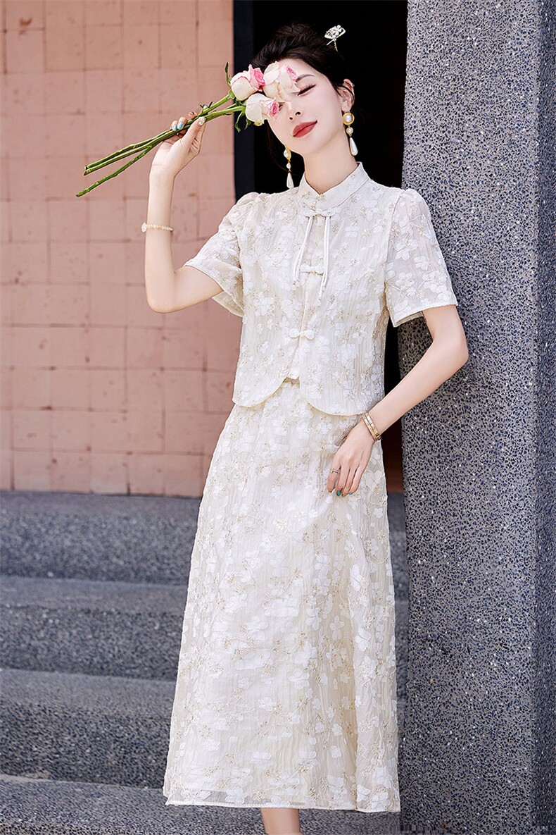 新中式国风亮片刺绣套装裙女2024夏新款流行爆款改良旗袍绝美裙子,女装套装/套裙,采品优优