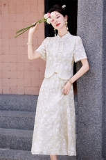 新中式国风亮片刺绣套装裙女2024夏新款流行爆款改良旗袍绝美裙子，女装套装/套裙，采品优优