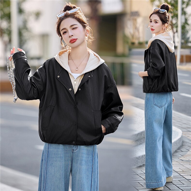 已出货春装新品美拉德连帽皮衣外套女今年流行显瘦百搭机车服潮,女装皮衣,吾爱衣
