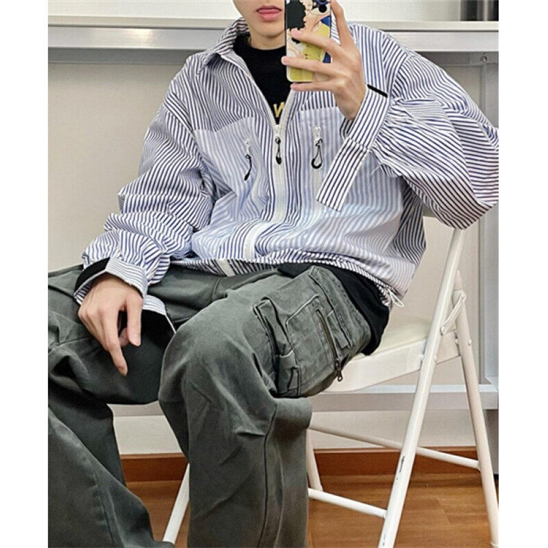 条纹衬衫夹克男女款宽松休闲小众设计撞色拼接衬衣外套JWT18,男装夹克,星座1116A（原606A-3）