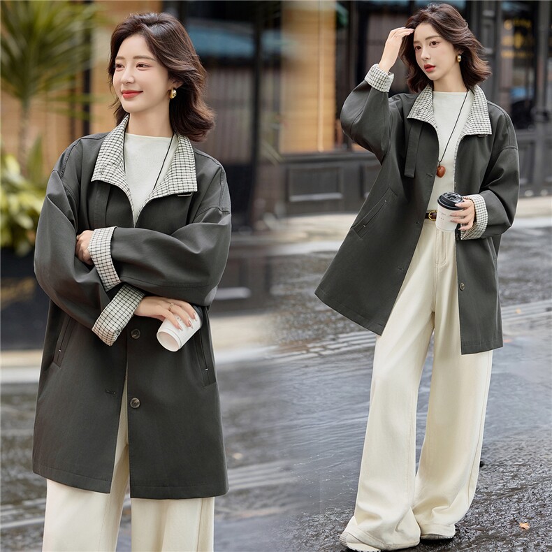 烟灰色复古立领撞色落肩廓形中长款风衣女小个子设计感拼接外套，女装风衣，梦懿尔