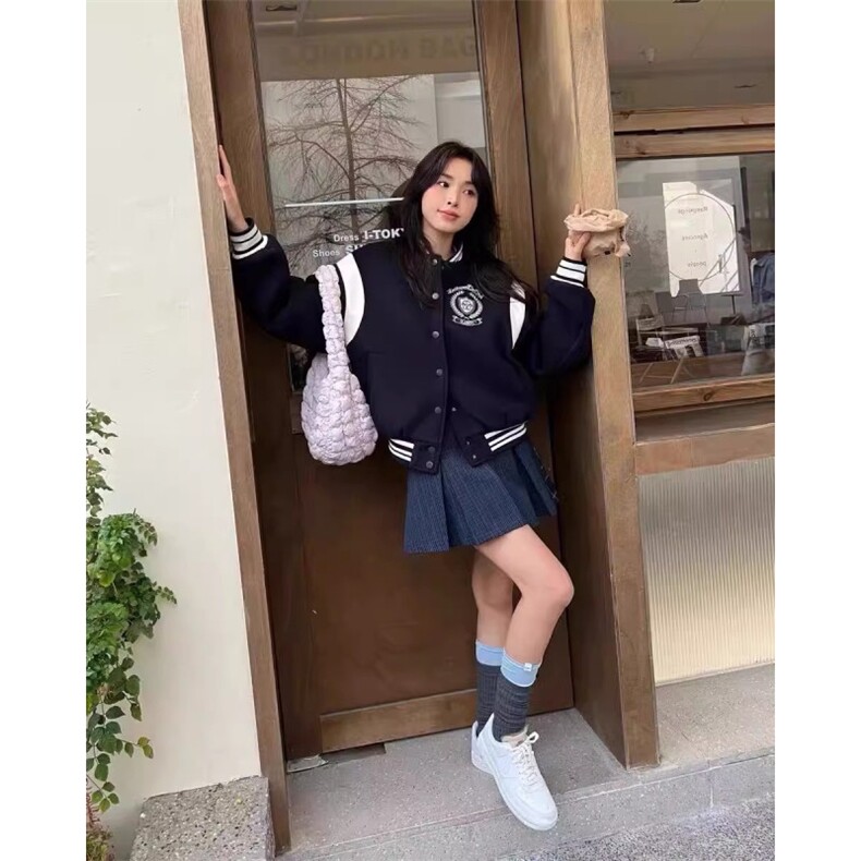 F240120-P98秋季撞色字母刺绣棒球服外套男女毛呢宽松立领夹克,女装短外套,星座617A-2