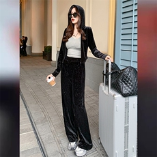 网红款时尚魅力休闲套装女春新款拉链开衫连帽烫钻上衣阔腿裤套装，女装套装/套裙，江南