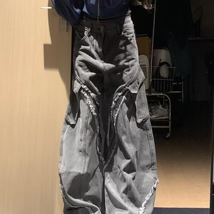 7802-P59 嘻哈潮牌破洞复古做旧长裤美式高街宽松拖地微喇叭图片