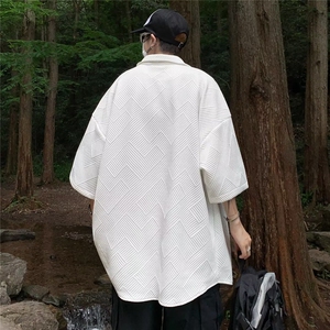 日系复古纯色纹理高级感短袖衬衫男女夏季宽松情侣百搭衬衣CT599图片