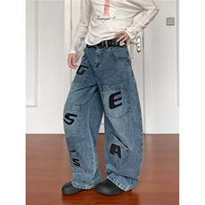 复古卡通直筒牛仔裤女夏季2025年新款涂鸦印花高腰显瘦宽松阔腿裤，男装牛仔裤，星座1210-1